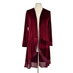 Urban Coco Womens Velvet Duster Cardigan M Cherry Red Ruffle Regency Renaissance